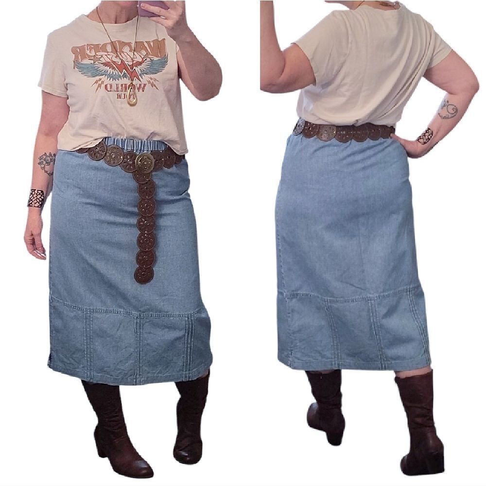 VTG 90s Orvis Light Blue Denim Pull On Pleated Midi Jean Skirt Size 12P